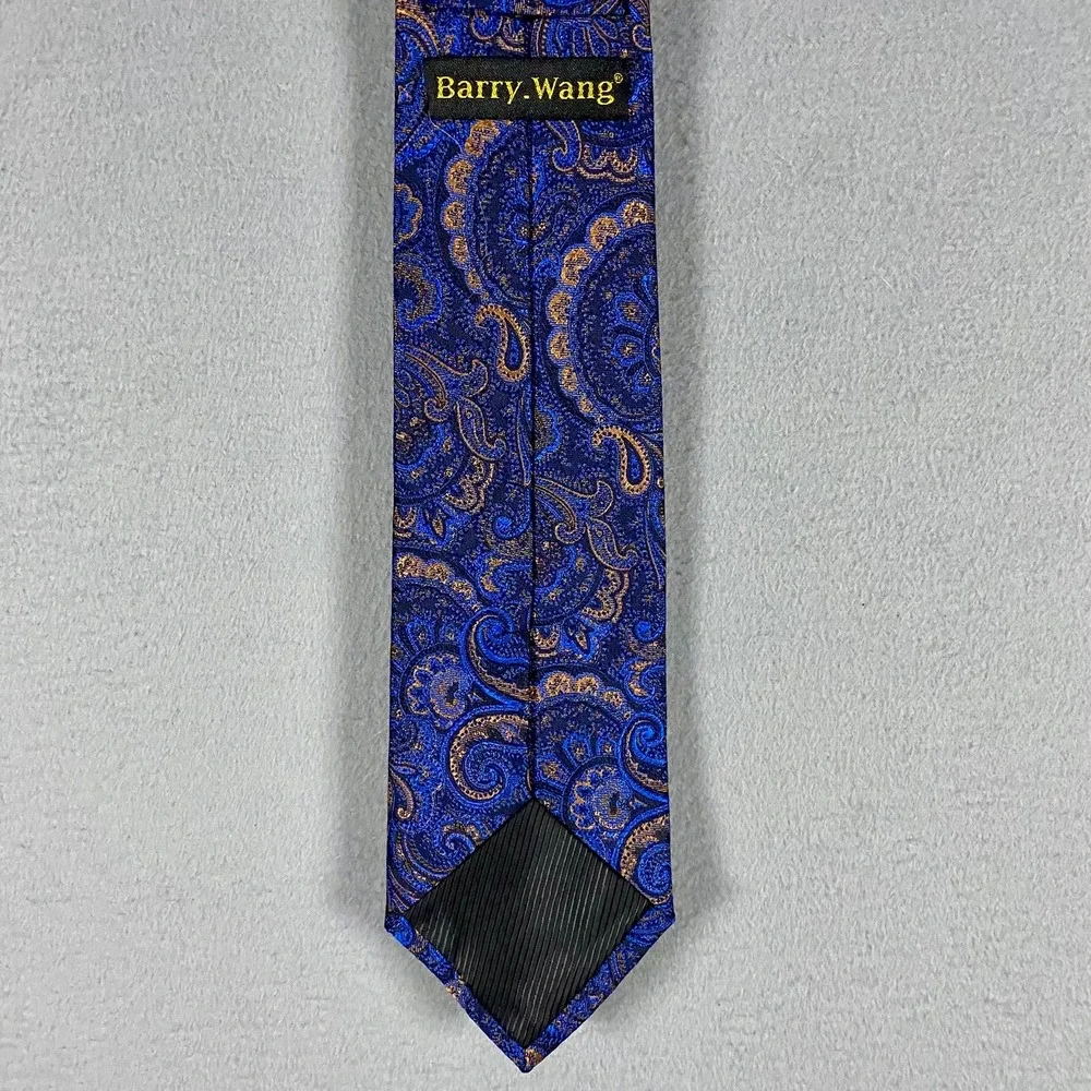 Barry Wang Mens Blue Gold Paisley 100% Silk Hand Tailored Necktie Style Italy